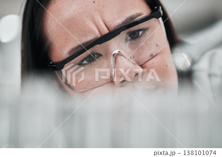 Test tubes, scientist and confused woman closeup with investigation, thinking and science research. Laboratory, clinic professional and healthcare worker with medicine and liquid check for test Test tubes, scientist and confused woman closeup with investigation, thinking and science research. Laboratory, clinic professional and healthcare worker with medicine and liquid check for test 138101074