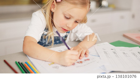 Education, homeschool and child writing, color and learning for development, growth and kindergarten homework. Home study, drawing and happy girl with school project in notebook on kitchen counter. Education, homeschool and child writing, color and learning for development, growth and kindergarten homework. Home study, drawing and happy girl with school project in notebook on kitchen counter. 138101076