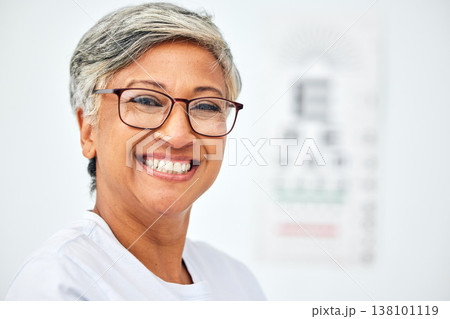 Senior woman, face and smile with glasses, vision and eye care in optometry clinic for eyesight test and chart. Happy in portrait, glaucoma and frame with prescription lens eyewear and mockup space Senior woman, face and smile with glasses, vision and eye care in optometry clinic for eyesight test and chart. Happy in portrait, glaucoma and frame with prescription lens eyewear and mockup space 138101119