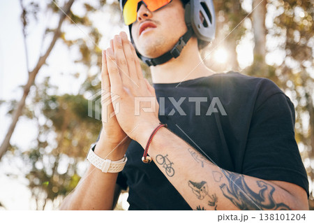 Man, hands and prayer with hiking in nature, mindfulness and meditation with bike by mountain. Caucasian guy, athlete and gratitude with mental health in forrest, natural landscape and vacation 138101204