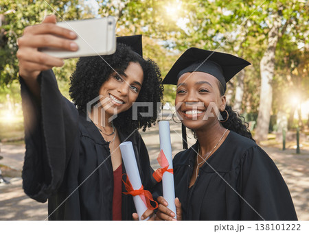 Graduation diploma, women and happy friends selfie for learning success, university education or memory photo. College progress, park photography or students post school profile picture on campus app 138101222