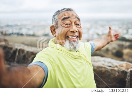 Selfie, happy and senior man hiking for health, wellness or cardio training on a mountain. Smile, nature and portrait of excited elderly male person taking a picture for outdoor trekking in woods. Selfie, happy and senior man hiking for health, wellness or cardio training on a mountain. Smile, nature and portrait of excited elderly male person taking a picture for outdoor trekking in woods. 138101225