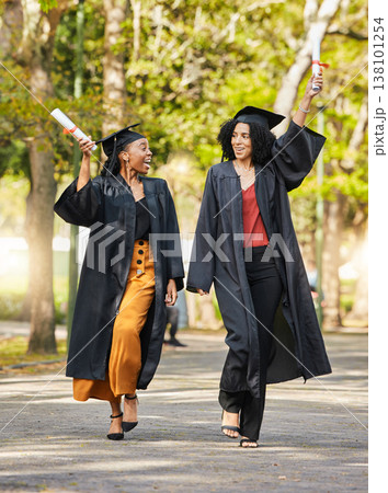 Graduate diploma, walking and happy friends celebrate learning success, education goals or university graduation. College progress, school achievement and excited students celebration in nature park Graduate diploma, walking and happy friends celebrate learning success, education goals or university graduation. College progress, school achievement and excited students celebration in nature park 138101254