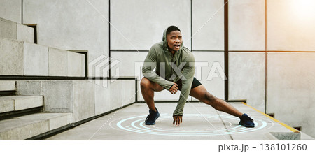 Exercise, hologram and flare with a man stretching on stairs in the city for the start of his workout routine. Fitness, warm up and futuristic sports with a young african athlete in an urban town Exercise, hologram and flare with a man stretching on stairs in the city for the start of his workout routine. Fitness, warm up and futuristic sports with a young african athlete in an urban town 138101260