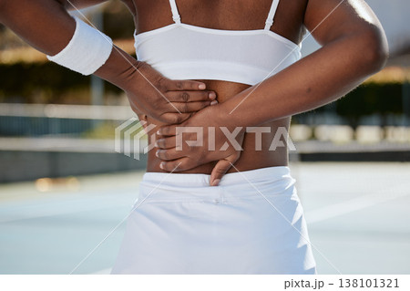 Back pain, tennis injury and sports person with medical problem, hurt spine or emergency crisis. Backache, court and player with muscle strain, accident and sore from fitness, exercise or training 138101321