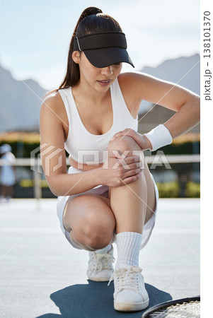 Knee pain, tennis woman with injury and fitness, athlete outdoor with medical emergency and joint inflammation. Health, wellness and hands holding leg, sport accident and anatomy with fibromyalgia Knee pain, tennis woman with injury and fitness, athlete outdoor with medical emergency and joint inflammation. Health, wellness and hands holding leg, sport accident and anatomy with fibromyalgia 138101370