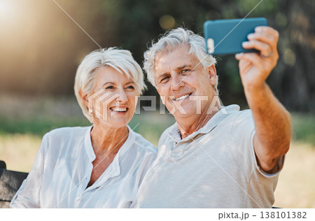 Happy couple, senior and selfie in nature garden for love memory, connection and relax retirement in Australia. Elderly man, smile and woman with photography for social media, profile picture and fun 138101382