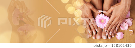 Hands, feet and double exposure, beauty with flowers and natural skincare banner on studio background. Bokeh mockup, treatment and overlay, person and eco friendly cosmetics for manicure and pedicure 138101439