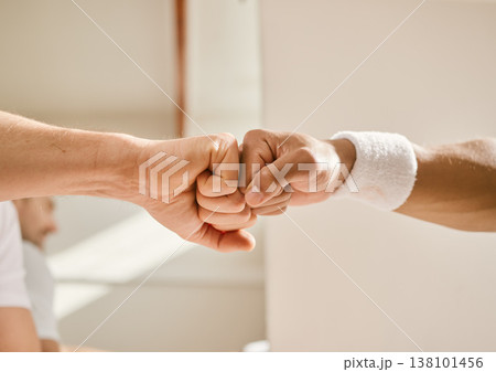 Fitness, hands and fist bump by men friends at indoor tennis court for support, motivation or training closeup. Zoom, emoji and people with sports deal, workout or partnership agreement or solidarity Fitness, hands and fist bump by men friends at indoor tennis court for support, motivation or training closeup. Zoom, emoji and people with sports deal, workout or partnership agreement or solidarity 138101456