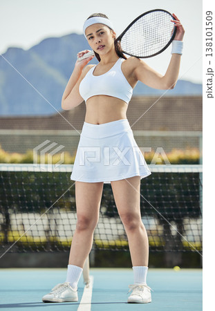 Woman, tennis and portrait of professional on court with racket ready for match, game or outdoor sport. Female person, athlete or sports player holding bat in fitness, practice or training by net Woman, tennis and portrait of professional on court with racket ready for match, game or outdoor sport. Female person, athlete or sports player holding bat in fitness, practice or training by net 138101509