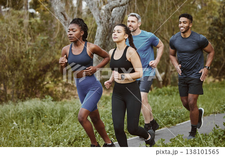 Runner group, men and women in park, training and outdoor exercise for health, sport or performance. Teamwork, running and workout for fitness, wellness and diversity in summer, freedom or nature 138101565