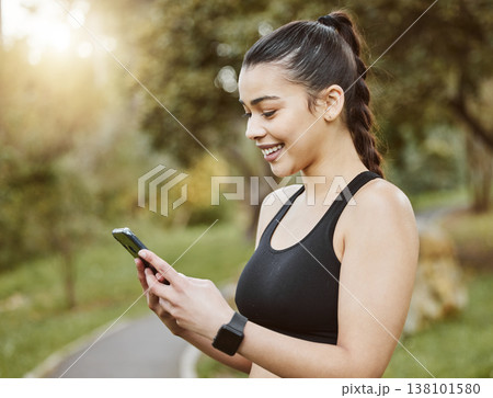 Woman, smile and phone on run, nature and digital by message, notification. Happy person, trail and exercise for fitness, sportswear and sweat in outdoors, workout and health by cardio, break and fit Woman, smile and phone on run, nature and digital by message, notification. Happy person, trail and exercise for fitness, sportswear and sweat in outdoors, workout and health by cardio, break and fit 138101580