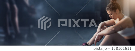 Woman, sitting or banner on break for fitness, exercise or workout in gym with tired or serious face. Training, person or relax for cardio, performance or sports competition with sportswear on mockup 138101611