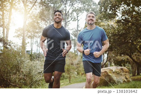 Running team, fitness and men in forest with cardio, athlete with personal trainer for support in sports and health. Exercise friends, diversity and runner club, healthy and training for race outdoor Running team, fitness and men in forest with cardio, athlete with personal trainer for support in sports and health. Exercise friends, diversity and runner club, healthy and training for race outdoor 138101642