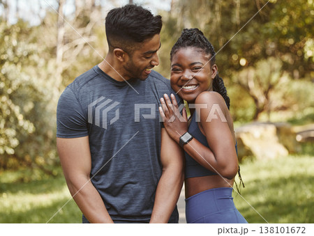 Fitness, park and portrait of couple hug outdoors for exercise, training and running for cardio workout. Dating, happy and interracial man and woman smile for wellness, health and sports in nature 138101672
