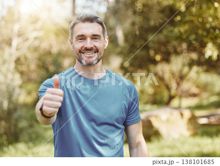 Senior man, portrait and thumbs up in nature for fitness, training or outdoor workout achievement. Mature male person, athlete or runner smile with like emoji, yes sign or OK in success for exercise Senior man, portrait and thumbs up in nature for fitness, training or outdoor workout achievement. Mature male person, athlete or runner smile with like emoji, yes sign or OK in success for exercise 138101685