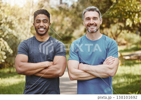 Men, arms crossed and together in portrait, fitness and health and ready for workout, training or summer. Partnership, personal trainer and outdoor sunshine for exercise, smile and wellness in nature 138101692