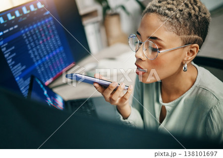 Woman, phone call and programmer with speaker, computer and investment with conversation. Person, employee and trader with smartphone, consultant and digital app with savings, trading and talking 138101697