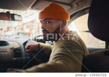 Taxi, ride and man driving in a car as city transport or vehicle travel to a destination in town and looking for parking. Serious, back and person in lift service reverse in a street or location Taxi, ride and man driving in a car as city transport or vehicle travel to a destination in town and looking for parking. Serious, back and person in lift service reverse in a street or location 138101728
