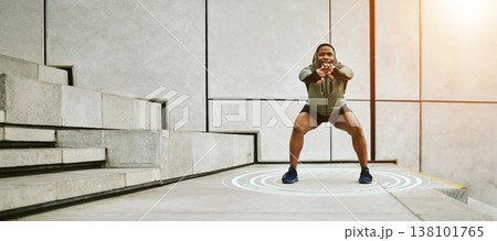 Fitness, target and flare with a man stretching on stairs in the city for the start of his workout routine. Exercise, warm up and special effects with a young african athlete in an urban town 138101765