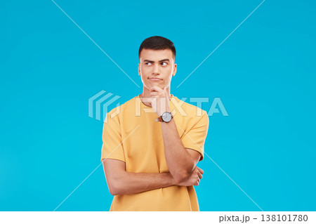 Thinking, idea and young man in studio with decision, brainstorming or solution expression. Problem solving, planning and male model from Canada with reflection, memory or question by blue background Thinking, idea and young man in studio with decision, brainstorming or solution expression. Problem solving, planning and male model from Canada with reflection, memory or question by blue background 138101780