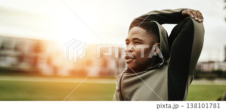 Fitness, stretching arms and black man outdoor for healthy body, wellness and flexibility in the morning. Warm up, thinking and African athlete prepare for exercise, training and workout for sports Fitness, stretching arms and black man outdoor for healthy body, wellness and flexibility in the morning. Warm up, thinking and African athlete prepare for exercise, training and workout for sports 138101781