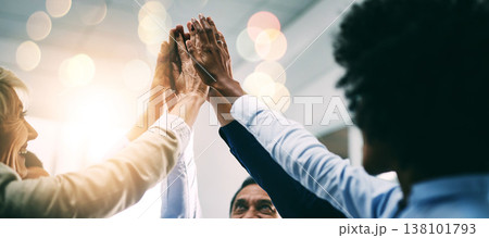 Closeup, high five and business people with support, hands and collaboration with mission, achievement or cooperation. Staff, group or corporate professionals with teamwork, bokeh or celebration Closeup, high five and business people with support, hands and collaboration with mission, achievement or cooperation. Staff, group or corporate professionals with teamwork, bokeh or celebration 138101793