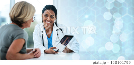 Happy doctor, patient and tablet for health on banner, bokeh and overlay in mock up for insurance. Female, medical professional and smile for results of treatment, diagnosis or exam for consultation Happy doctor, patient and tablet for health on banner, bokeh and overlay in mock up for insurance. Female, medical professional and smile for results of treatment, diagnosis or exam for consultation 138101799