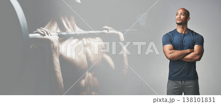 Vision, fitness and a man arms crossed on a double exposure banner for motivation as a personal trainer. Exercise, idea and a confident young coach on mockup space for sports marketing or advertising 138101831
