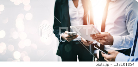 Hands, technology and double exposure with business people together for communication or networking closeup on space. Collaboration, tablet and phone with a professional employee team working online 138101854