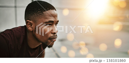 Face, space and double exposure with a sports man outdoor for fitness as a runner during a marathon. Exercise, sweat and tired with an exhausted young athlete training in the city on mockup flare 138101860