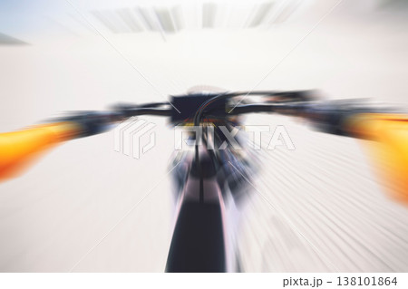 Motorbike, race and motion blur of sports person and handle bars, speed in desert or dunes with athlete. Dirtbike, fast and adrenaline in extreme sports, fitness and energy for competition in pov Motorbike, race and motion blur of sports person and handle bars, speed in desert or dunes with athlete. Dirtbike, fast and adrenaline in extreme sports, fitness and energy for competition in pov 138101864