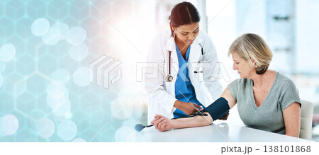 Healthcare, doctor and patient with blood pressure on banner, bokeh and heart for mock up for medicine. Help, medical professional or exam for consultation, diagnosis or treatment at hospital Healthcare, doctor and patient with blood pressure on banner, bokeh and heart for mock up for medicine. Help, medical professional or exam for consultation, diagnosis or treatment at hospital 138101868