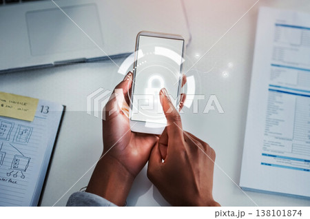Hand, lock hologram and cyber security with phone, pin and mobile app with biometric at desk. Data protection, typing password and safety from scam, phishing and malware with fingerprint in office Hand, lock hologram and cyber security with phone, pin and mobile app with biometric at desk. Data protection, typing password and safety from scam, phishing and malware with fingerprint in office 138101874