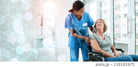 Patient with disability, nurse and smile in wheelchair for healthcare, wellness and medicare. Medical professional, bokeh and overlay in mockup, physiotherapy and happy, assistance and insurance Patient with disability, nurse and smile in wheelchair for healthcare, wellness and medicare. Medical professional, bokeh and overlay in mockup, physiotherapy and happy, assistance and insurance 138101875