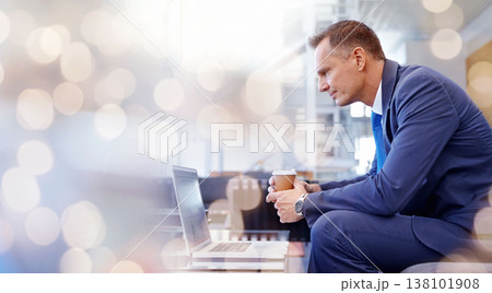 Businessman, laptop and reading email with coffee for networking, planning or research in office with bokeh. Professional, employee and person with pc for technology, communication or internet at job Businessman, laptop and reading email with coffee for networking, planning or research in office with bokeh. Professional, employee and person with pc for technology, communication or internet at job 138101908