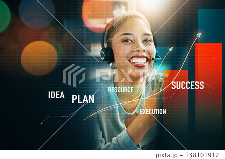 Happy woman, call center and trading for advice on investment, planning or profit on overlay at office. Female person, broker or financial advisor smile with headphones for stock market help or plan Happy woman, call center and trading for advice on investment, planning or profit on overlay at office. Female person, broker or financial advisor smile with headphones for stock market help or plan 138101912