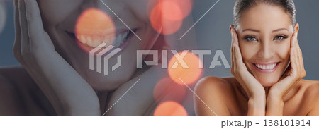 Double exposure, beauty and portrait of woman with skincare, smile and glow on skin isolated in a gray background. Face, natural and happy young person relax with cosmetic calm, care or aesthetic Double exposure, beauty and portrait of woman with skincare, smile and glow on skin isolated in a gray background. Face, natural and happy young person relax with cosmetic calm, care or aesthetic 138101914