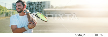 Banner, elbow pain and man for tennis on the court with pain, emergency and accident after training. Thinking, muscle cramp and a male sports player with a muscle problem and mockup space for fitness Banner, elbow pain and man for tennis on the court with pain, emergency and accident after training. Thinking, muscle cramp and a male sports player with a muscle problem and mockup space for fitness 138101928