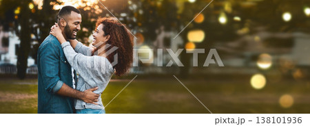 Park, love and happy couple relax, hug and outdoor bonding, romance and connect on nature date. Natural mockup space, eye contact and banner man, woman or marriage people embrace, smile and trust 138101936
