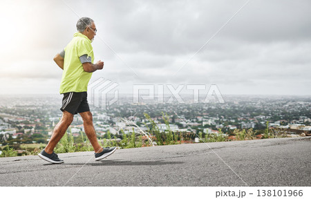 Senior man, running and fitness on mountain for outdoor exercise, training or workout on mockup. Mature male person, athlete or runner in sports, health and wellness on road for hiking or trekking Senior man, running and fitness on mountain for outdoor exercise, training or workout on mockup. Mature male person, athlete or runner in sports, health and wellness on road for hiking or trekking 138101966
