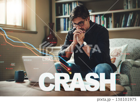 Man, stress and stock market crash on laptop at home with lines, chart or data in overlay. Person, worried and financial crisis with risk for investment, money or trading on dashboard with inflation Man, stress and stock market crash on laptop at home with lines, chart or data in overlay. Person, worried and financial crisis with risk for investment, money or trading on dashboard with inflation 138101975