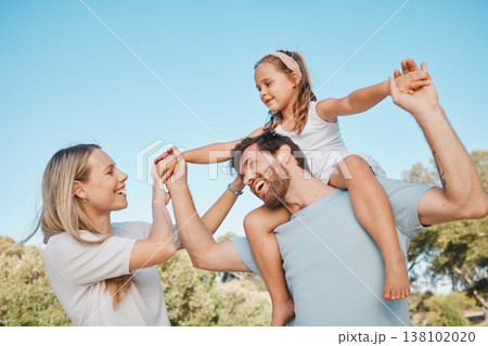 Nature, shoulder carry and happy family kid, mother and father enjoy time together, natural park or fun plane game. Freedom, support and walking mom, child and papa bonding, playing or piggyback girl 138102020