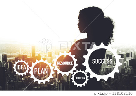 Business woman, gears and silhouette with double exposure, city and vision with steps for success. Corporate employee, entrepreneur and thinking with idea, illustration and icon overlay for planning 138102110
