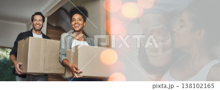 Walking, mockup or happy couple with boxes in new home for investment, property or real estate. Interracial, bokeh or excited man with a biracial woman in a house with loan success, goal or security 138102165