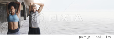 Body, stretching and fitness couple at a beach with mockup for training, wellness and cardio routine together. Arm, stretch and sport people at the ocean for running, exercise or resilience practice Body, stretching and fitness couple at a beach with mockup for training, wellness and cardio routine together. Arm, stretch and sport people at the ocean for running, exercise or resilience practice 138102179
