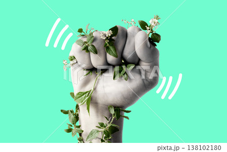 Fist, climate change and protest for support with leaves, ecology art or sustainability by green background. Hand, plants and power with opinion for accountability, carbon footprint or global warming 138102180