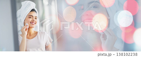 Happy woman, portrait and cotton pad on banner for skincare or makeup removal on bokeh background. Female person or model smile and wiping face for spa treatment, healthy skin or cosmetics at home Happy woman, portrait and cotton pad on banner for skincare or makeup removal on bokeh background. Female person or model smile and wiping face for spa treatment, healthy skin or cosmetics at home 138102238