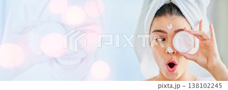 Woman, cover eye and beauty cream, skincare and wow for results or facial product on white background in double exposure. Model thinking of collagen, skin care and dermatology banner or bokeh overlay Woman, cover eye and beauty cream, skincare and wow for results or facial product on white background in double exposure. Model thinking of collagen, skin care and dermatology banner or bokeh overlay 138102245