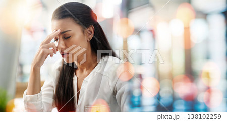 Woman, stress and headache at office, work and bokeh with mental health, financial crisis and startup failure. Workplace, mistake and thinking as overworked finance worker, auditor and frustrated 138102259